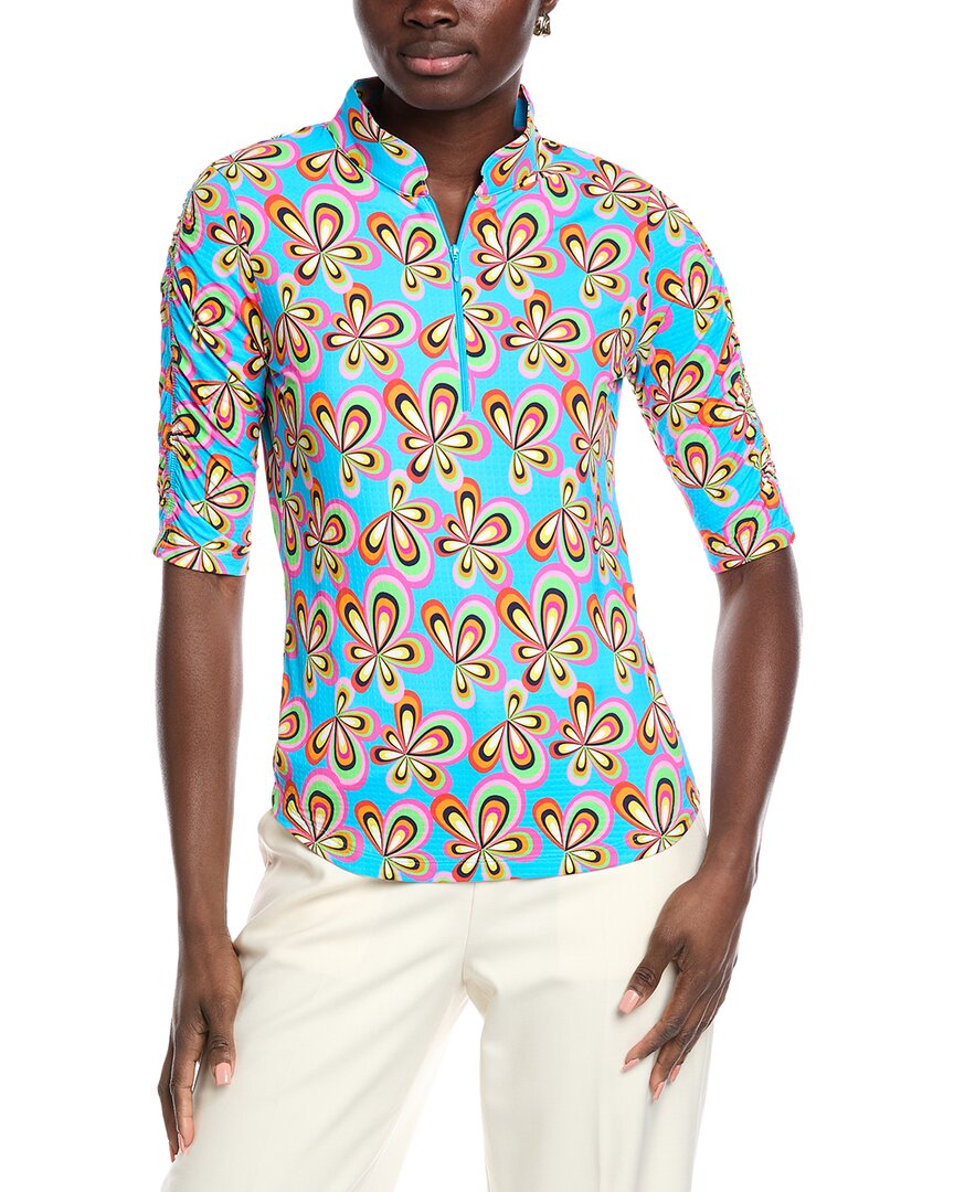 Ibkul Ruched Elbow Sleeve Mandarin Collar Top In Blue
