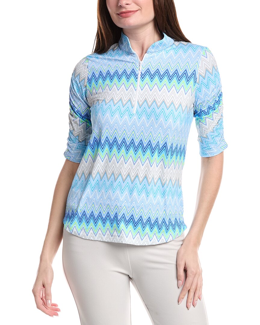 Ibkul Ruched Elbow Sleeve Mandarin Collar Top In Blue