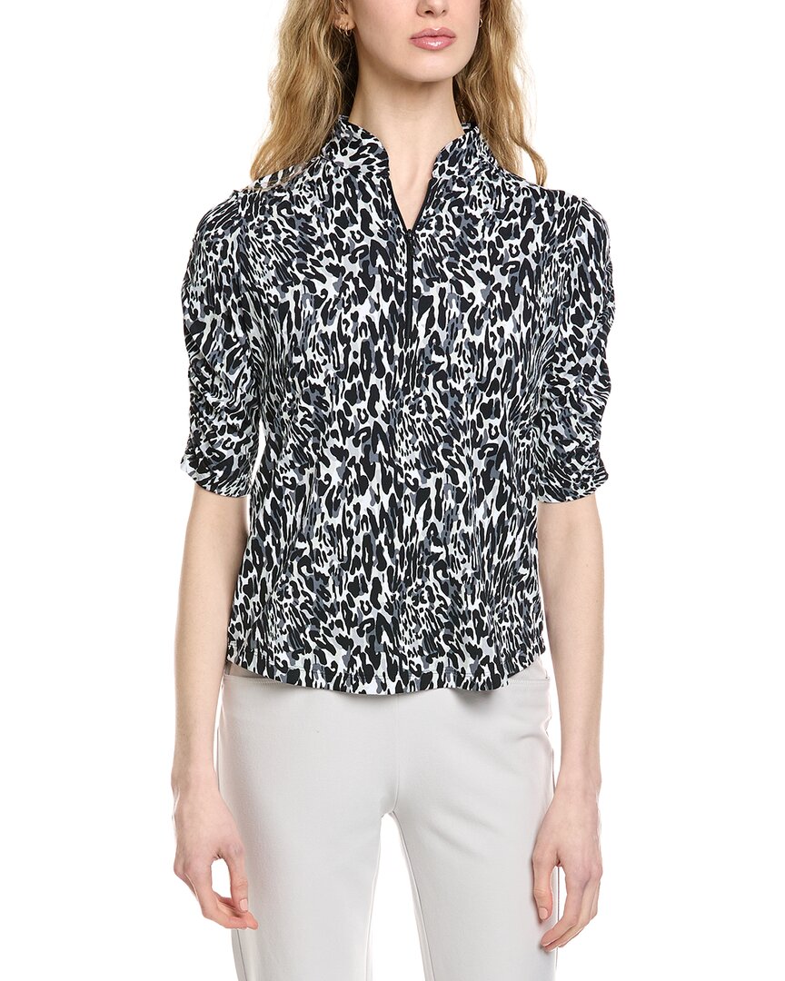 Ibkul Ruched Elbow Sleeve Mandarin Collar Top In Black