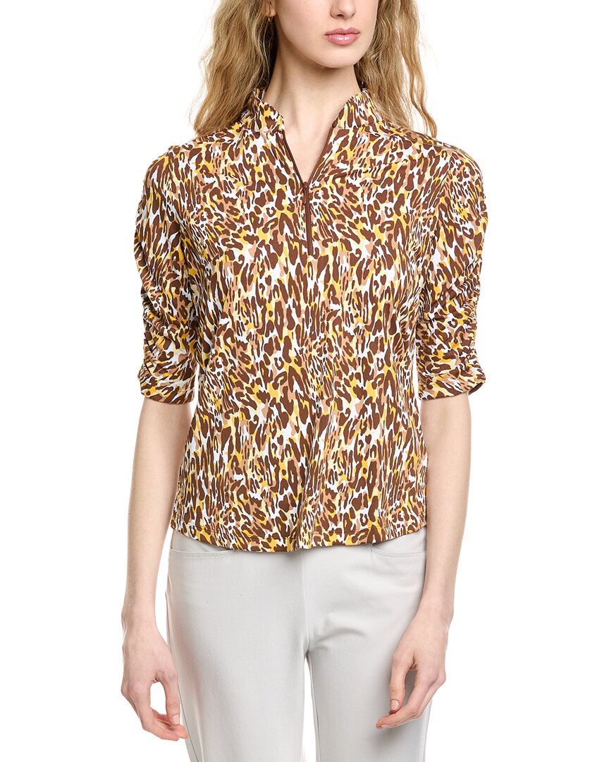 Ibkul Ruched Elbow Sleeve Mandarin Collar Top In Multi