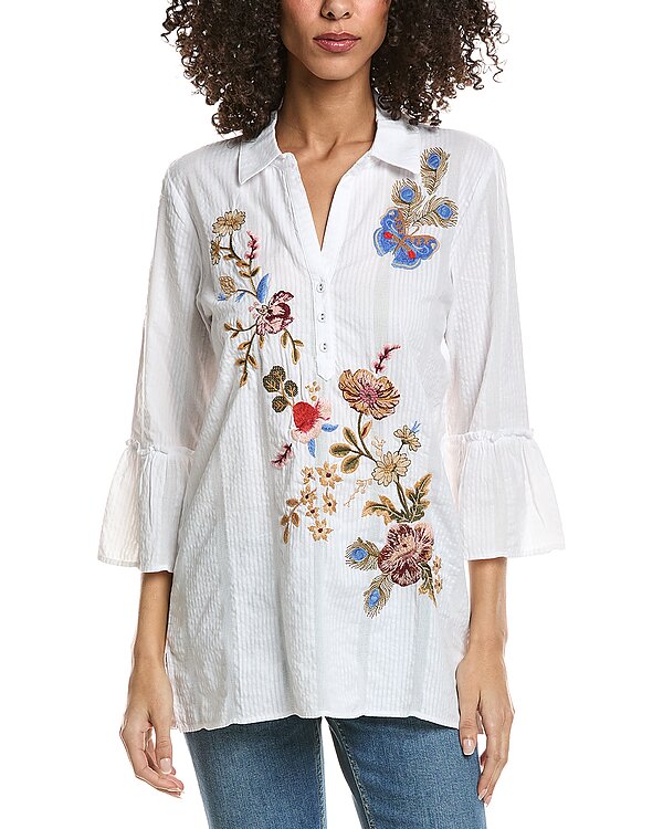 Johnny Was Ruffle Sleeve Henley Silk Tunic