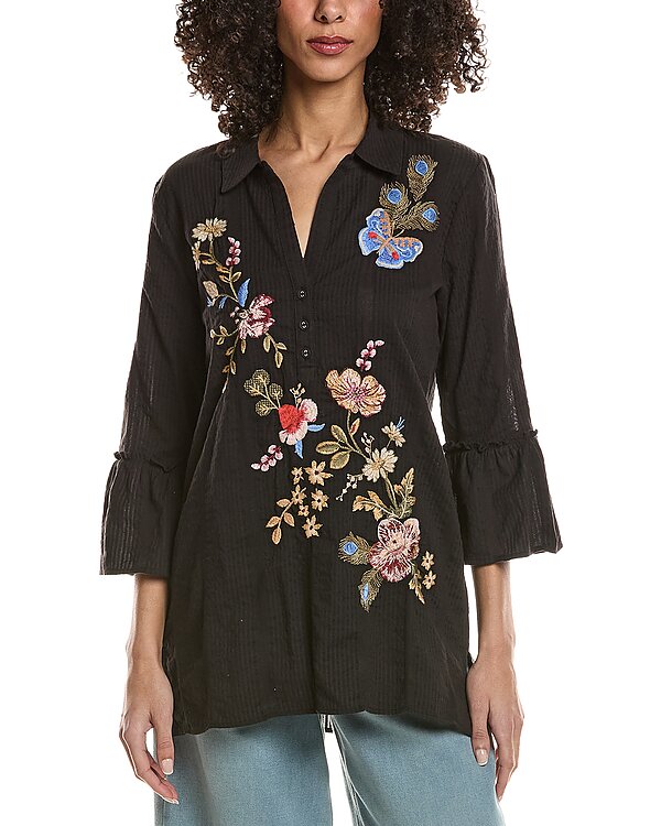 Johnny Was Ruffle Sleeve Henley Silk Tunic