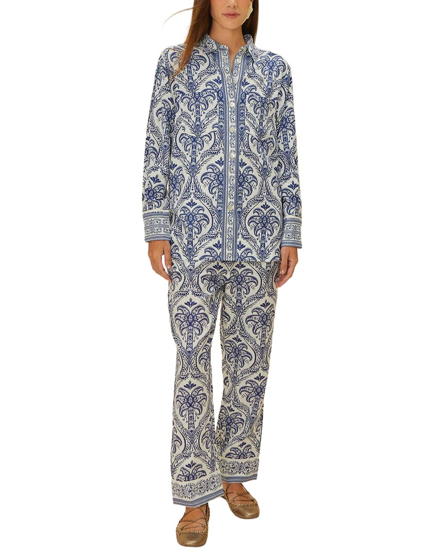 Farm Rio Linen-blend Tropical Cameo Pajama Shirt In Blue