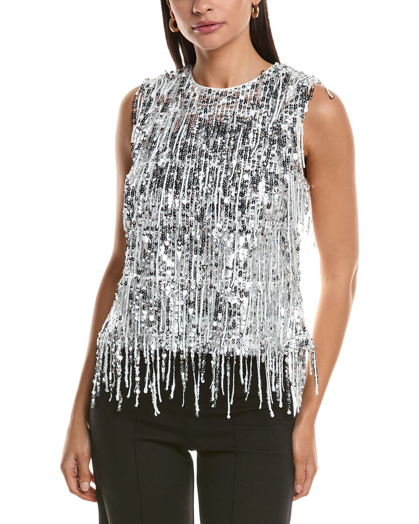 Milly Royce Fringe Sequins Top In Silver