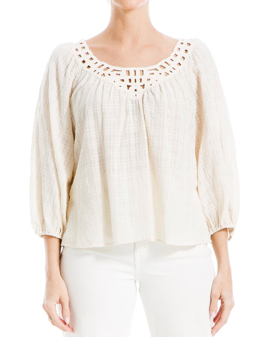 Max Studio 3/4-bubble Sleeve Crochet Neck Top In White