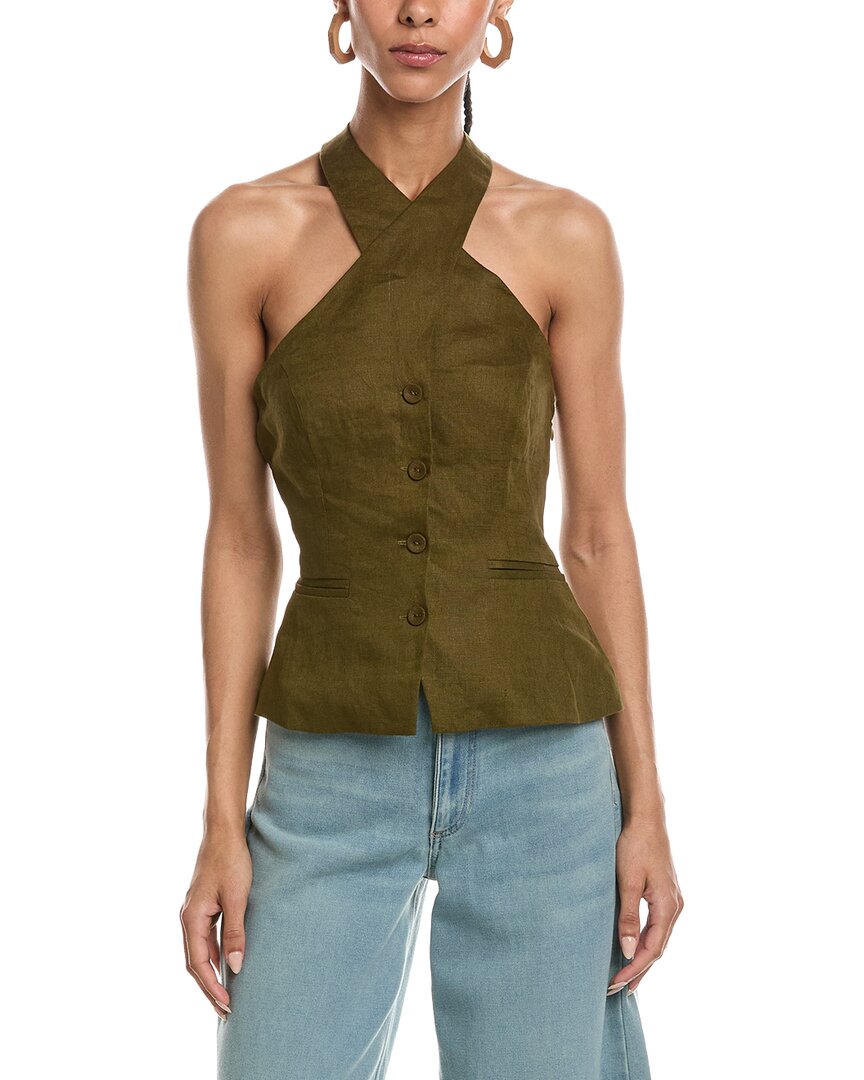 Reveriee Linen Halter Neck Top In Olv