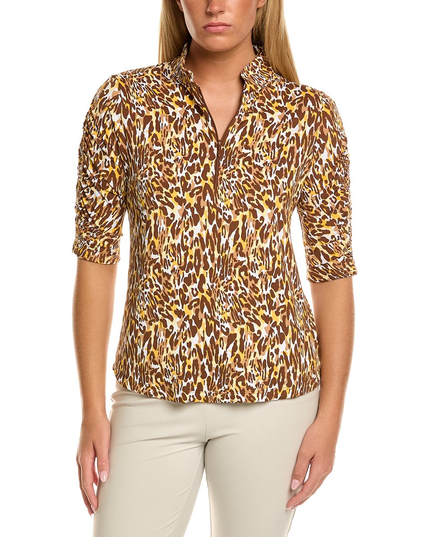 Ibkul Ruched Elbow-sleeve Polo Top In Brown
