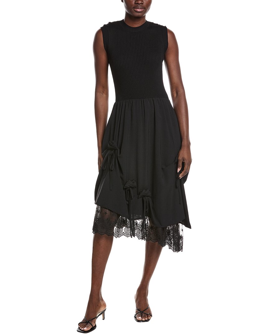 Gracia Knit Top Asymmetrical Lace Hem Midi Dress In Black