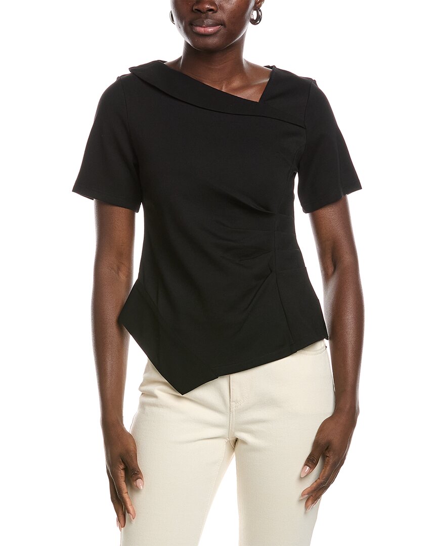 Gracia Asymmetrical Neck Ruched Solid Top In Black