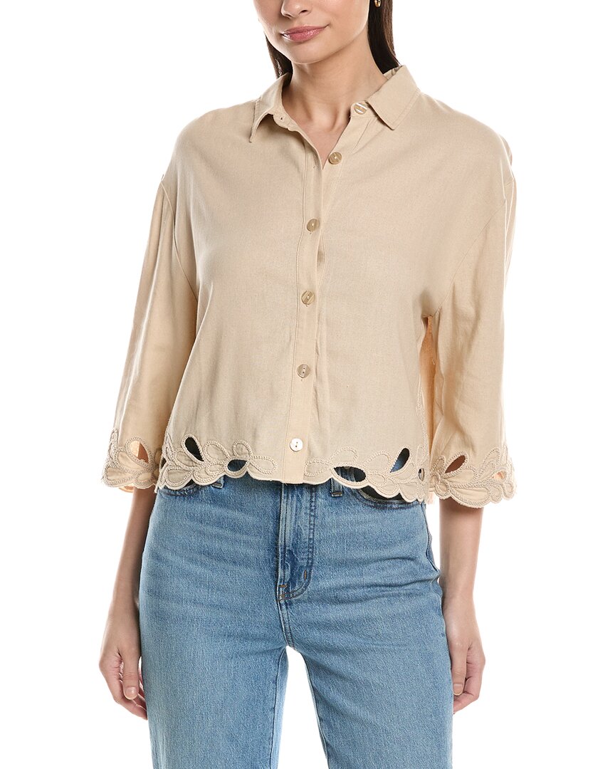 Ellen Tracy Embroidered Button Front Linen-blend Shirt In Brown