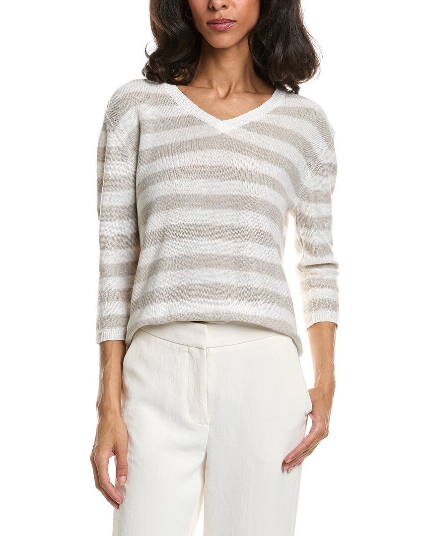 Forte Beach Stripe V-neck Linen Sweater In Brown