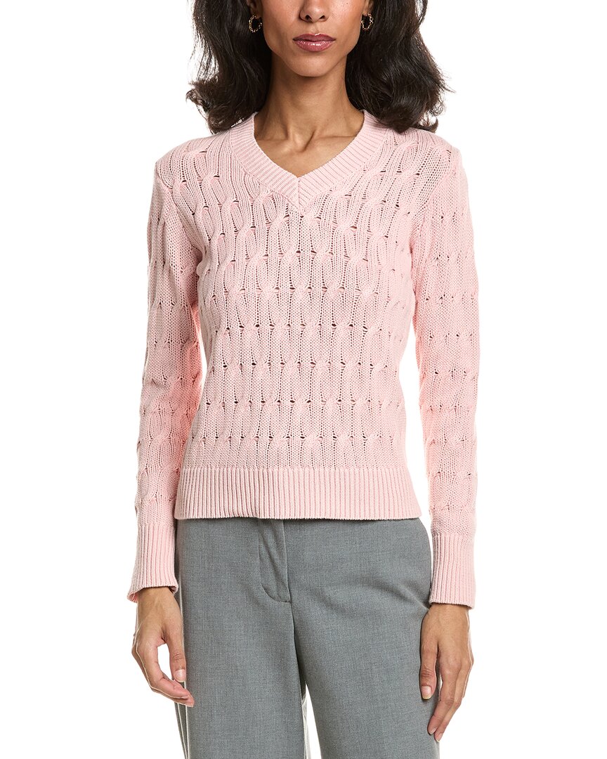 Forte Stonewash Cable V-neck Sweater In Pink
