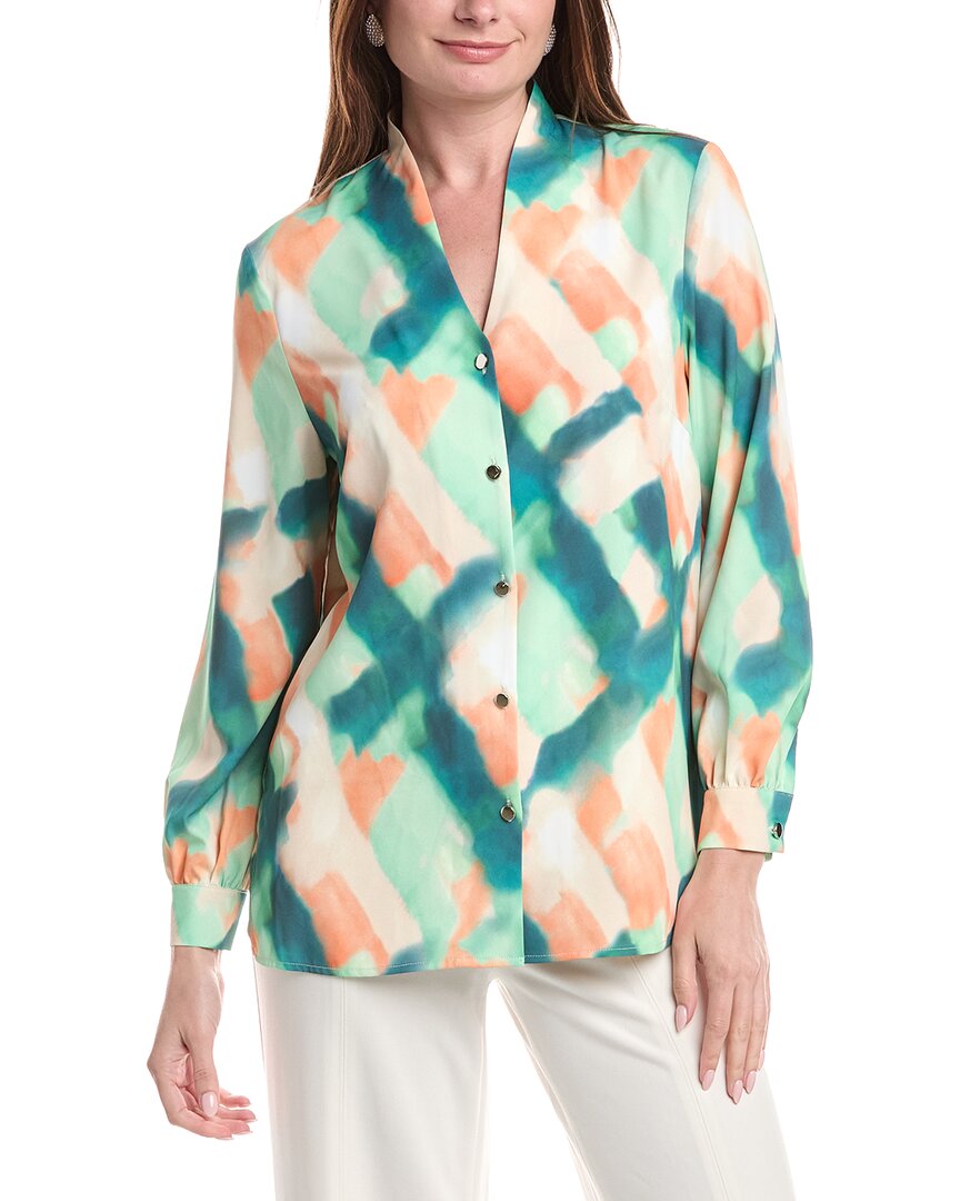 Misook Abstract Print Crepe De Chine Blouse In Green