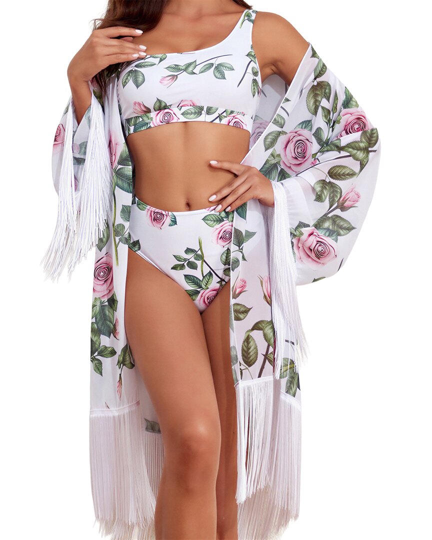 Lily Kim 3pc Swimsuit & Smock Set In White & Floral Print