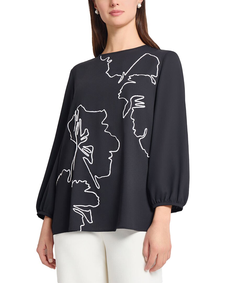 Ming Wang Embroidered Crepe De Chine Blouse