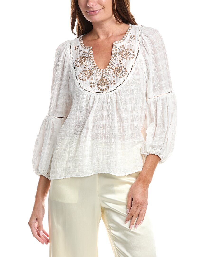 Max Studio Scoop Neck Cross Stitch Blouse In White