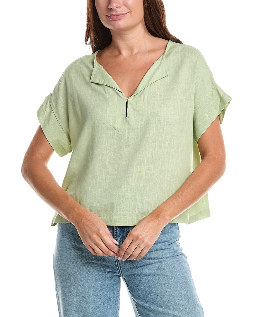 Max Studio Short Sleeve Split Neck Linen-blend Top In Green