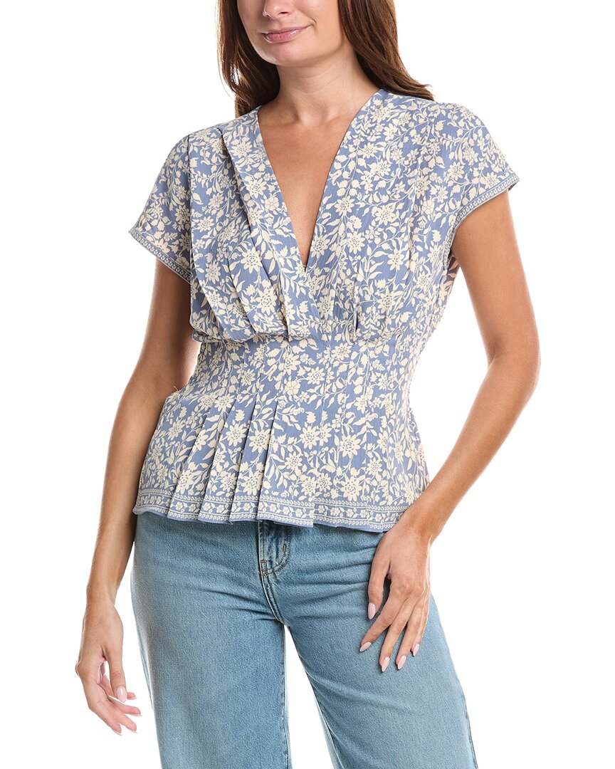 Max Studio Short Sleeve Pleat Front Blouse In Blue