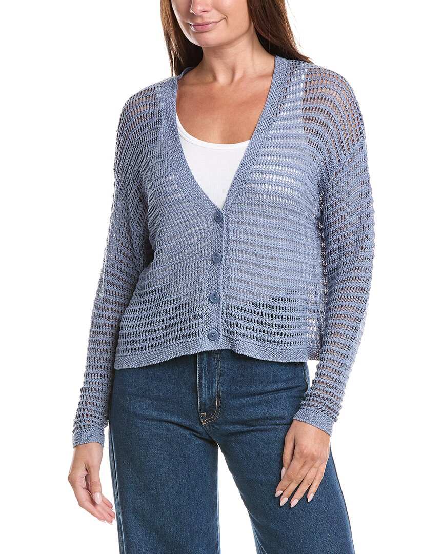 Max Studio Open Weave Long Sleeve Linen-blend Cardigan In Blue