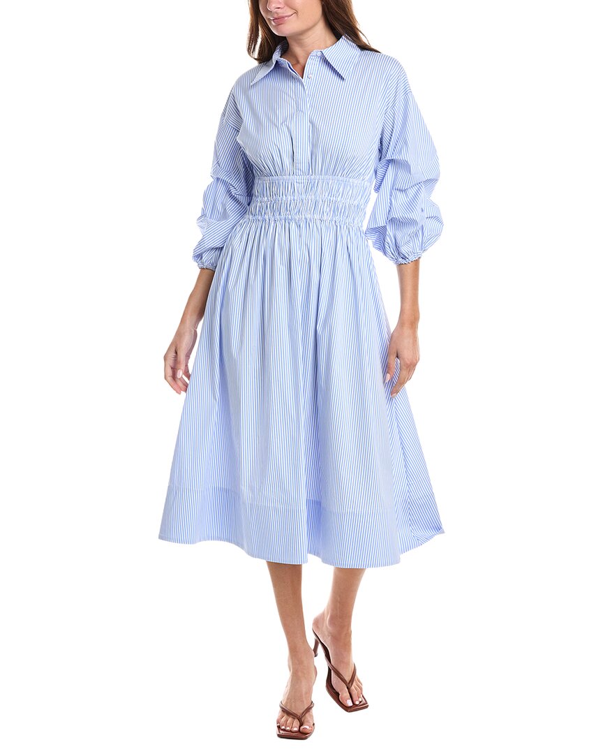 Gracia Shirred Waist Puff Sleeve Stripe Midi Dress In Black