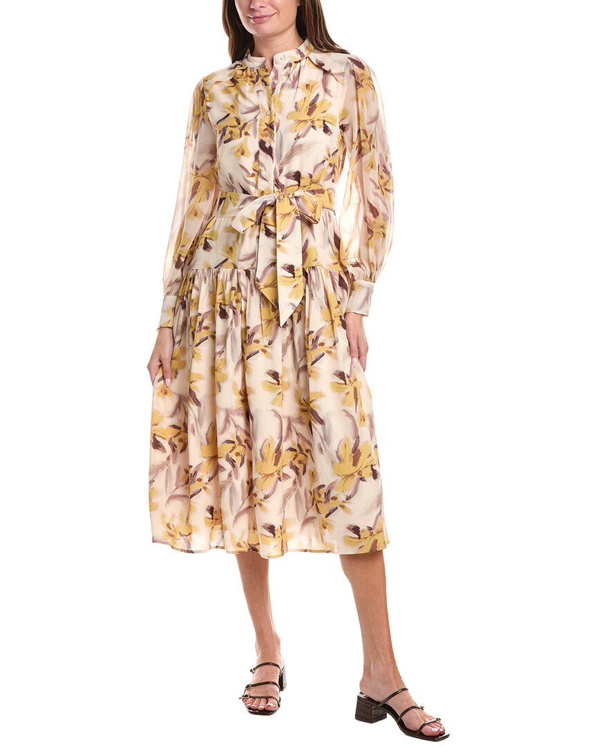 Gracia Floral Printed Long Sleeve Belt Midi Dress In Yellow