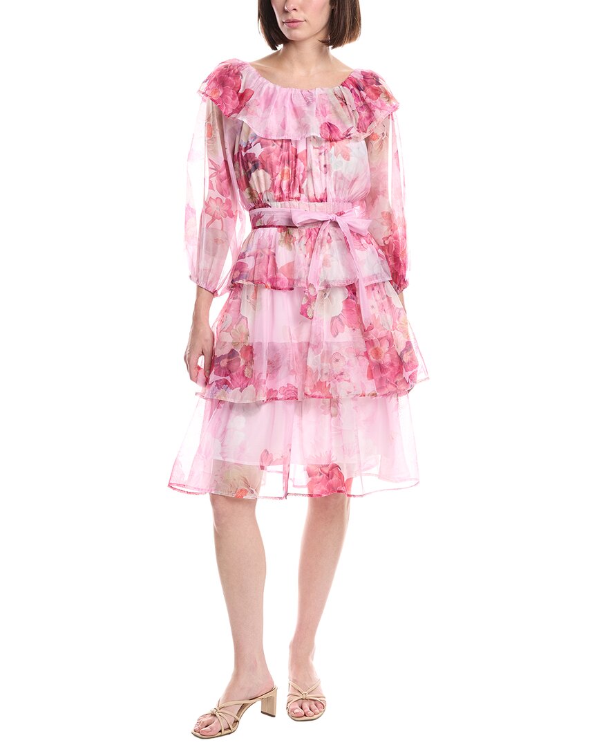 Beulah Tiered Floral Print Belted Chiffon Midi Dress In Pink