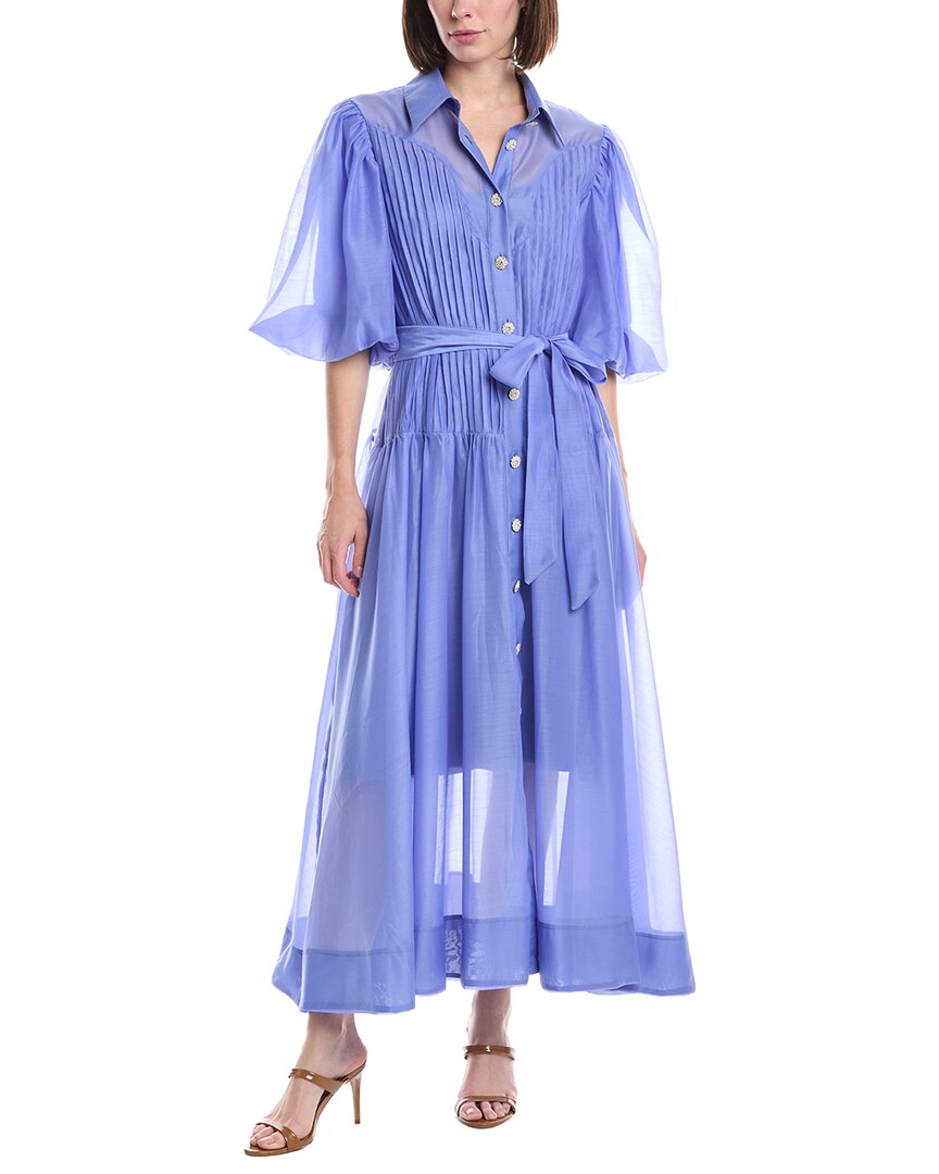 Beulah Pleated Bodice Belted Sheer Puff Maxi Dress In Blue
