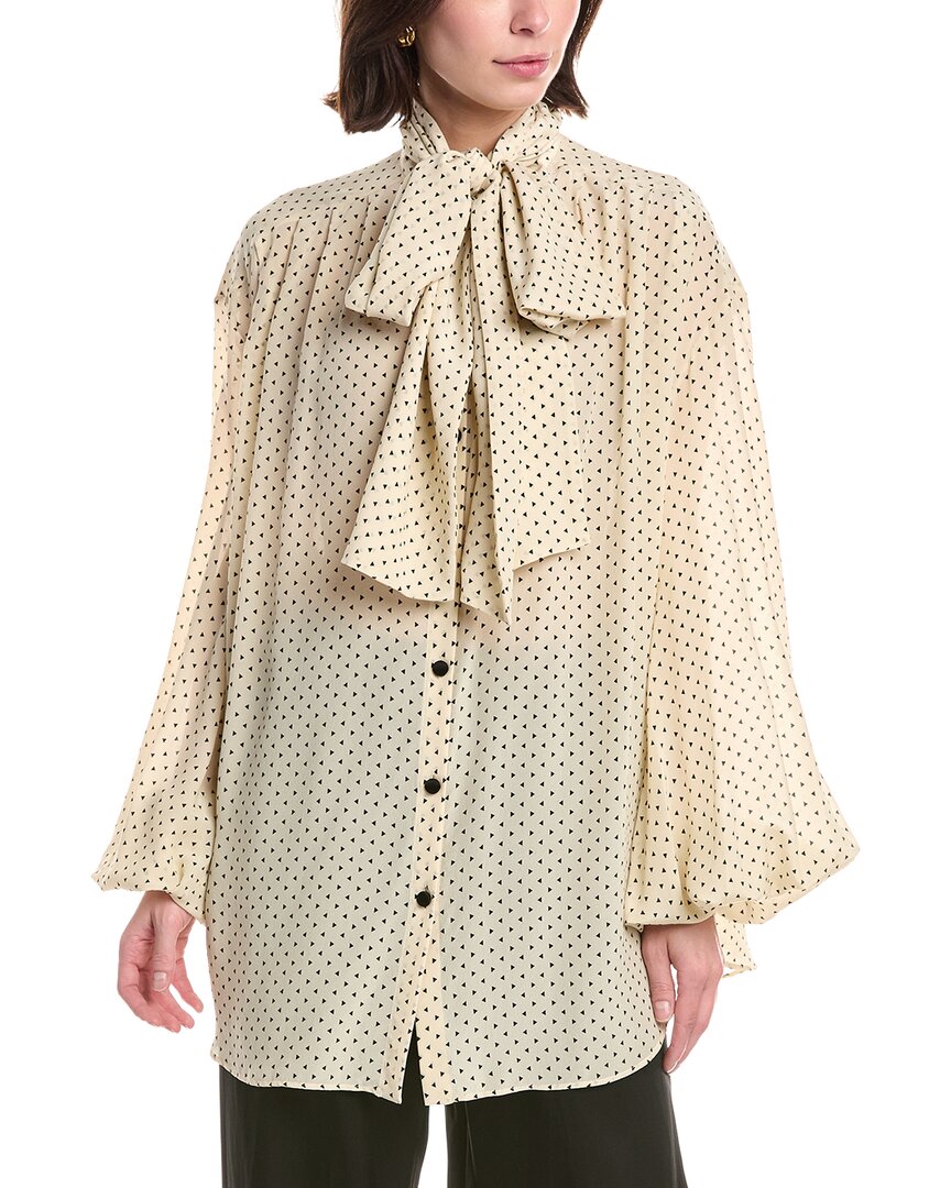 Balmain Bow Tie Printed Silk Shirt In Yellow
