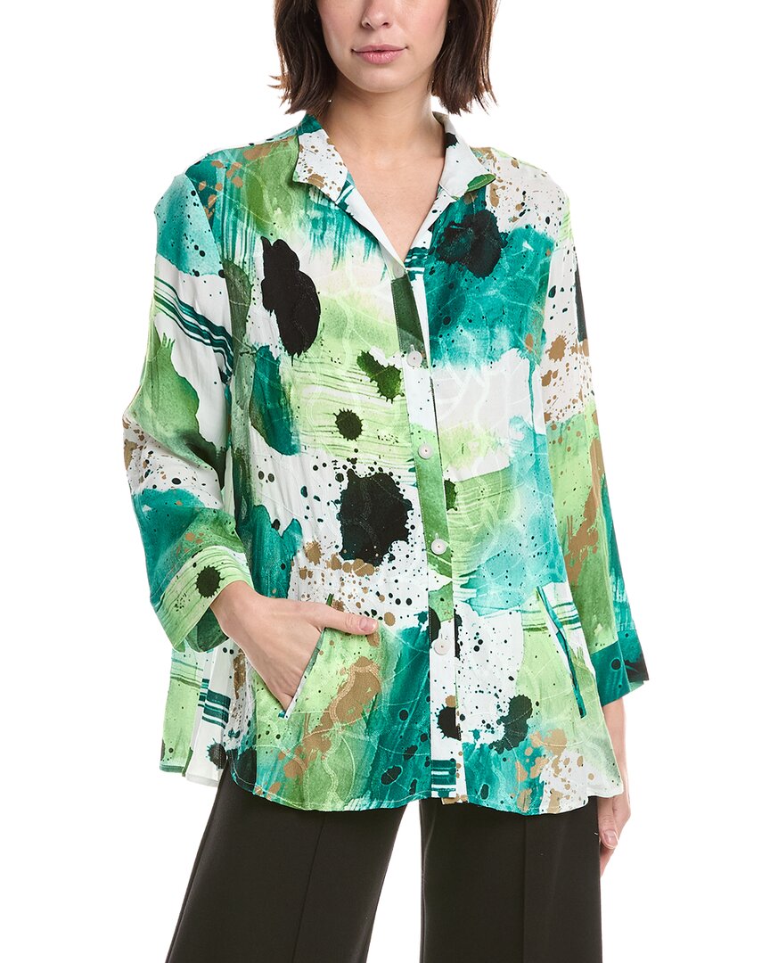 Lemon Grass Flip Collar Embroidered Blouse In Green