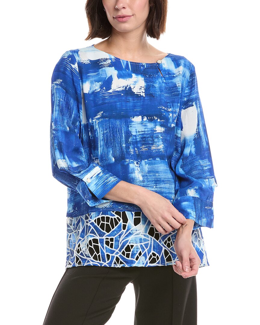 Lemon Grass Printed Eyelet Contrast Blouse In Navy