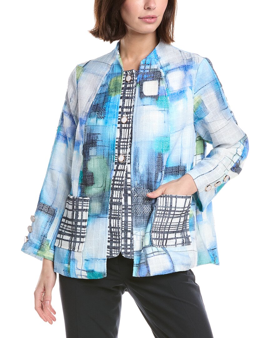 Lemon Grass Print Blocked Blazer In Blue