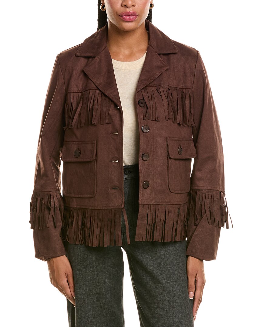 Stella + Lorenzo Short Fringe Jacket In Brown