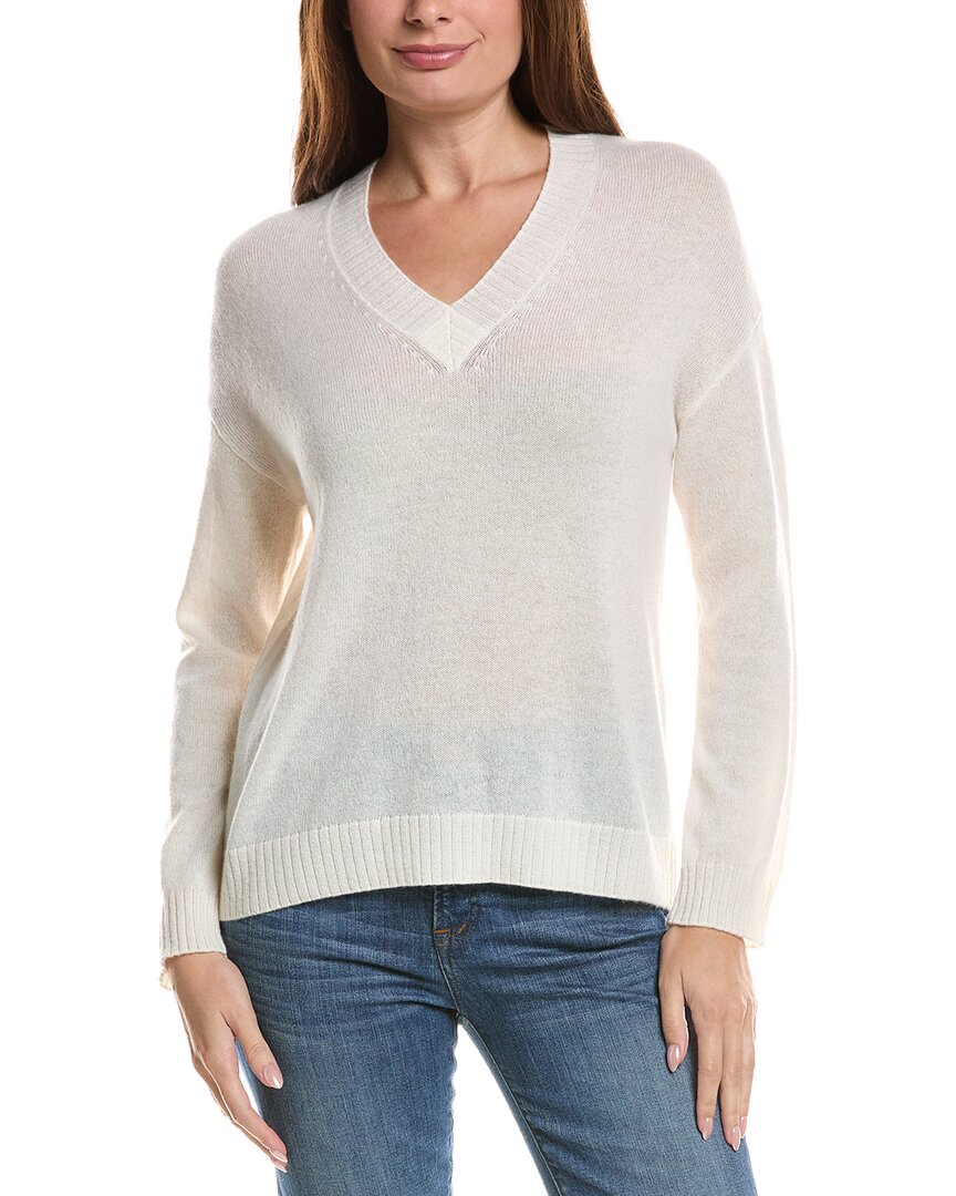 Hannah Rose Basic V-neck 100% Cashmere Sweater In White