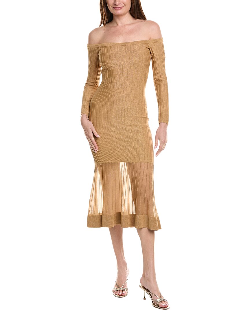Milly Rudy Off The Shoulder Sheer Knit Midi Dress In Gold