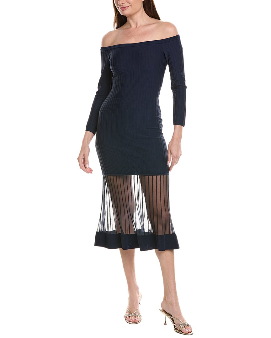 Milly Off The Shoulder Sheer Knit Midi Dress In Navy