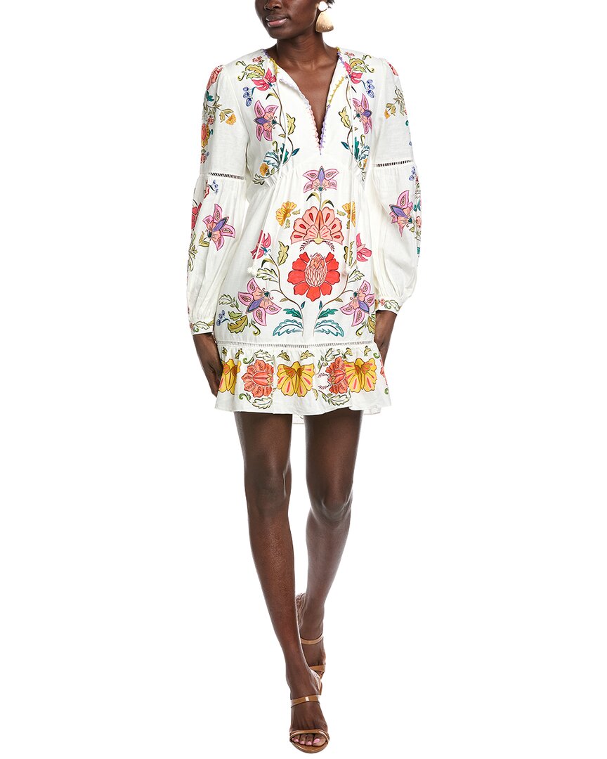 Farm Rio Floral Insects Off White Linen-blend Mini Dress