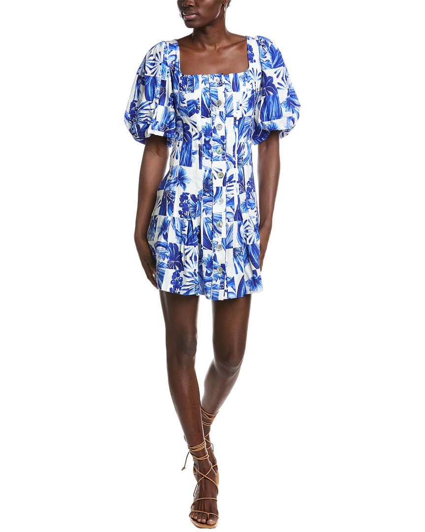 Farm Rio Garden Tiles Plaid Off-white Linen-blend Mini Dress