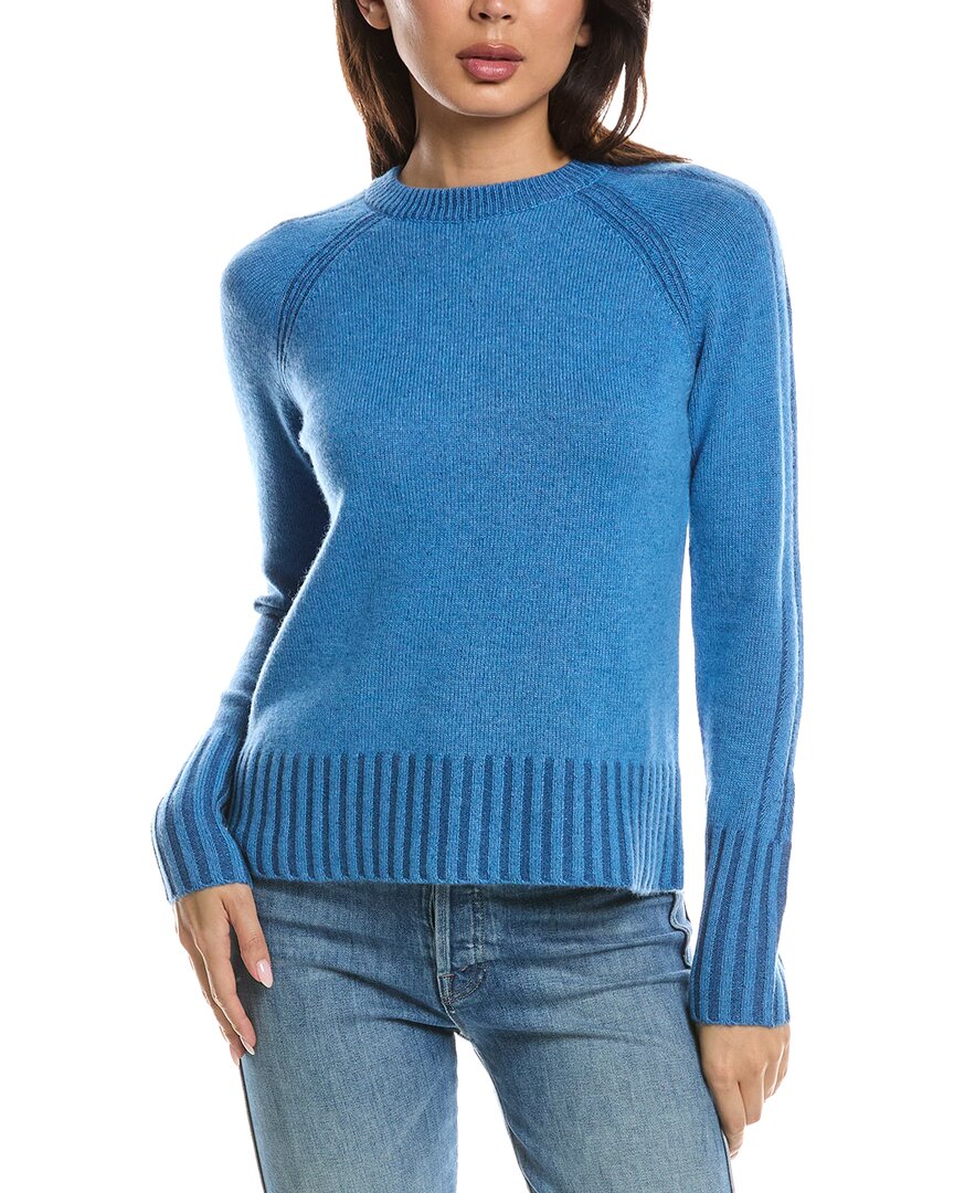 Forte Cashmere Plaited Rib Trim Crewneck Cashmere Sweater In Blue