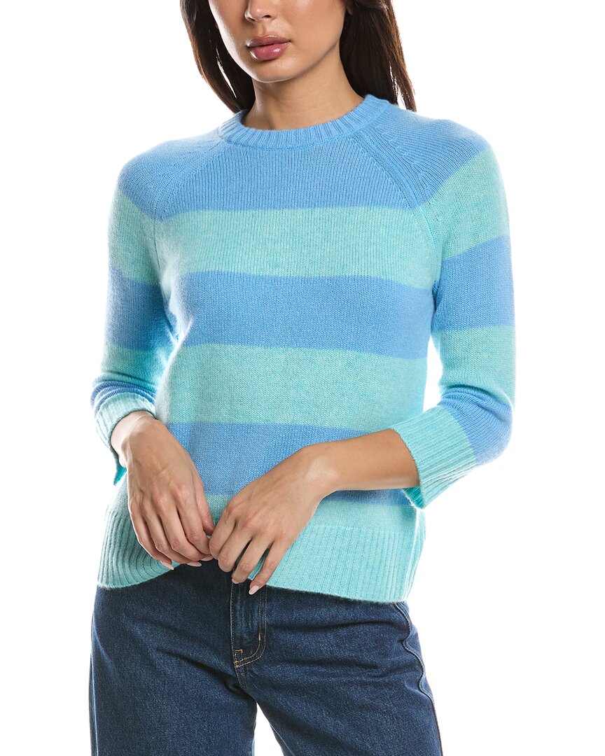 Forte Cashmere 3/4-sleeve Wide Stripe Crewneck Cashmere Sweater In Blue