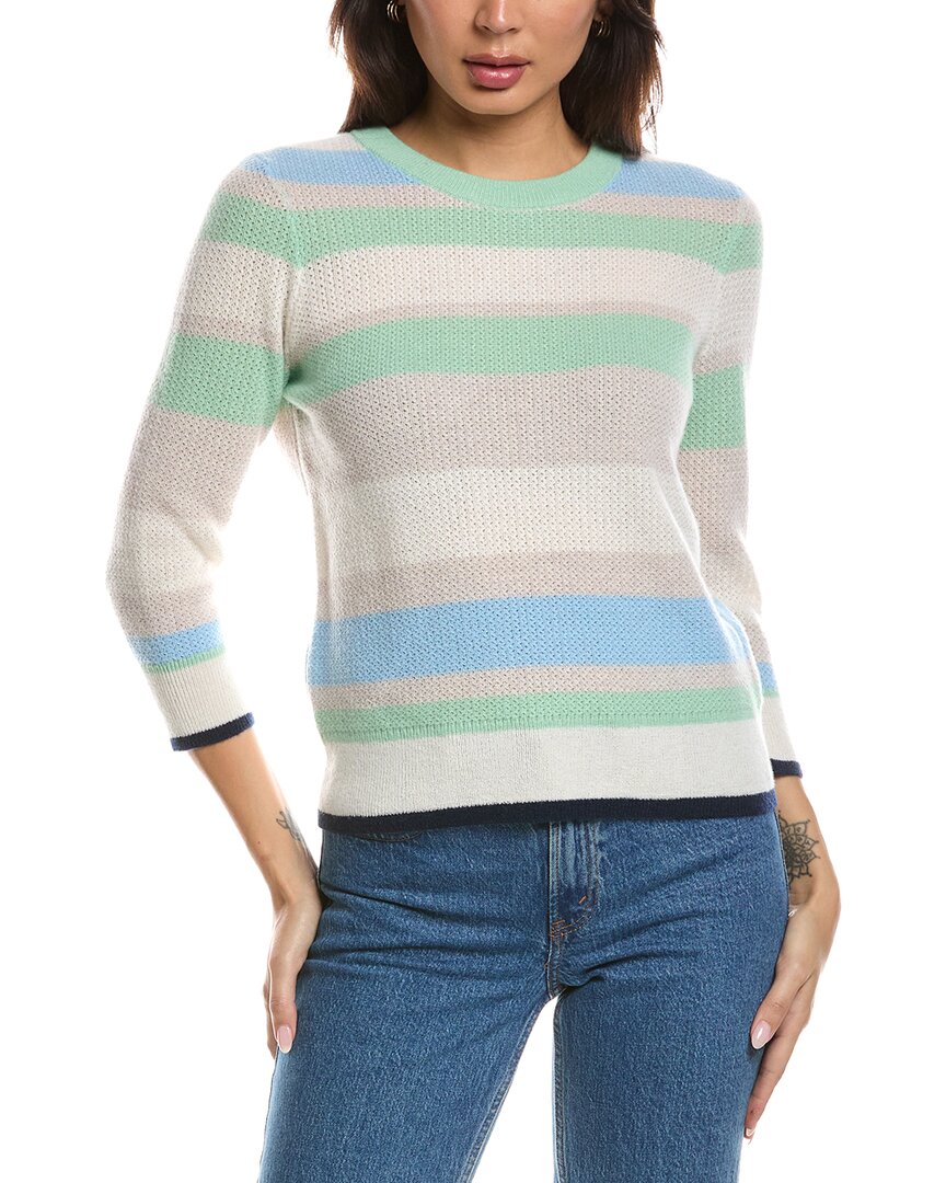 Forte Cashmere 3/4-sleeve Openwork Stripe Crewneck Cashmere Sweater In Green