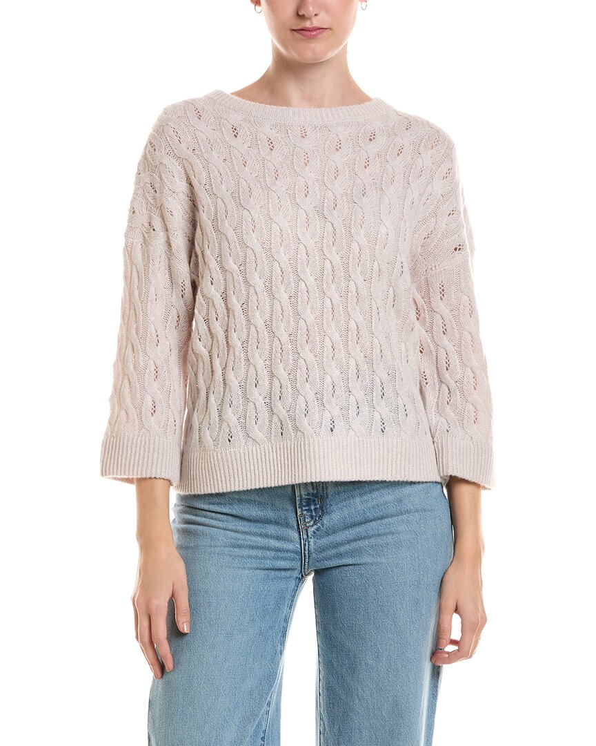 Forte Cashmere 3/4-sleeve Pointelle Cable Crewneck Cashmere Sweater In Brown