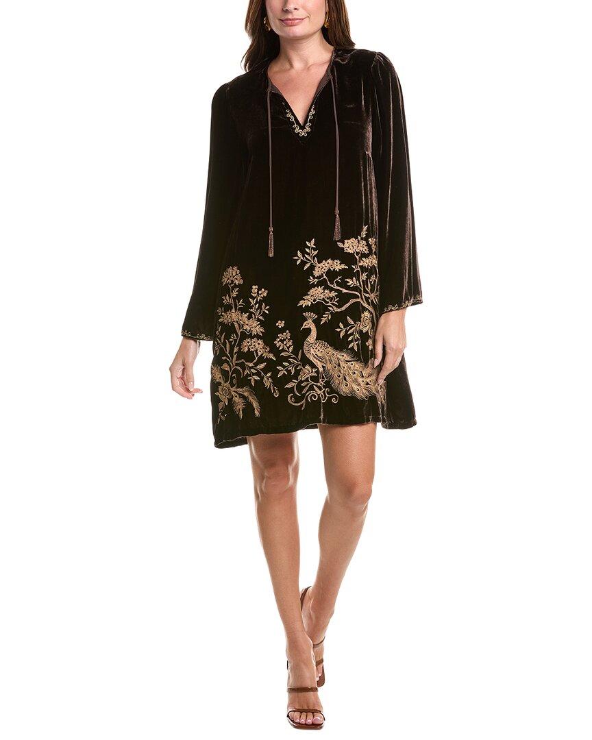 Johnny Was Kimono Sleeve Relaxed Silk-blend Mini Dress In Brown
