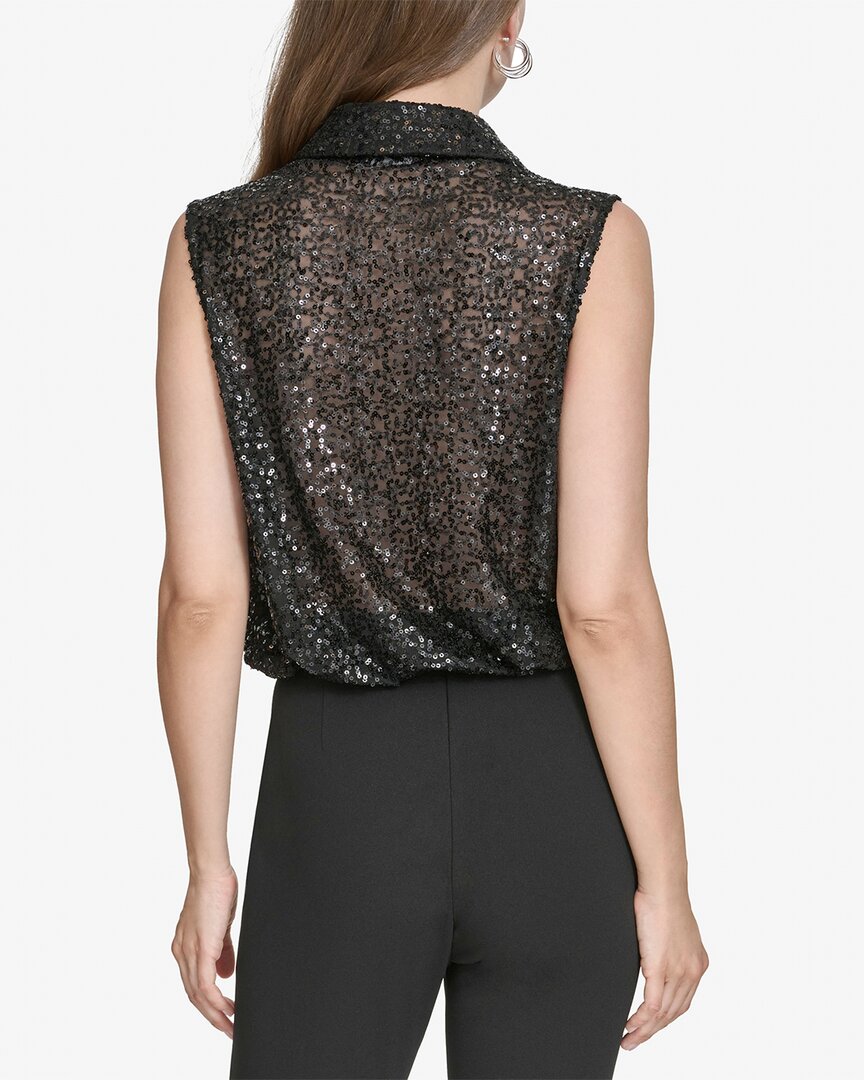 Halston Collared Sequin Top In Black