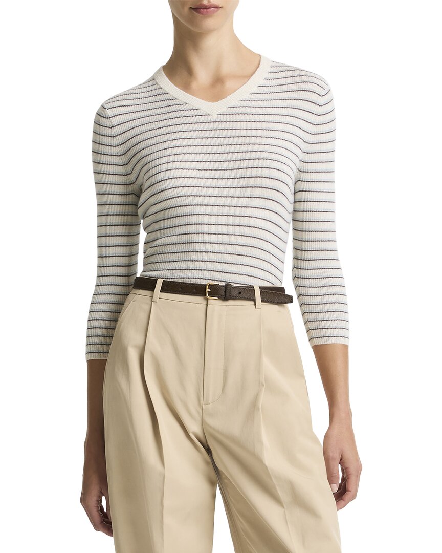 Vince Striped High V-neck Cashmere & Silk-blend Sweater In White