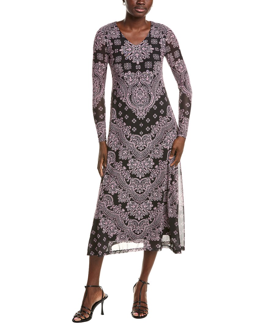 Johnny Was Long Sleeve V Neck Mesh Midi Dress In Black