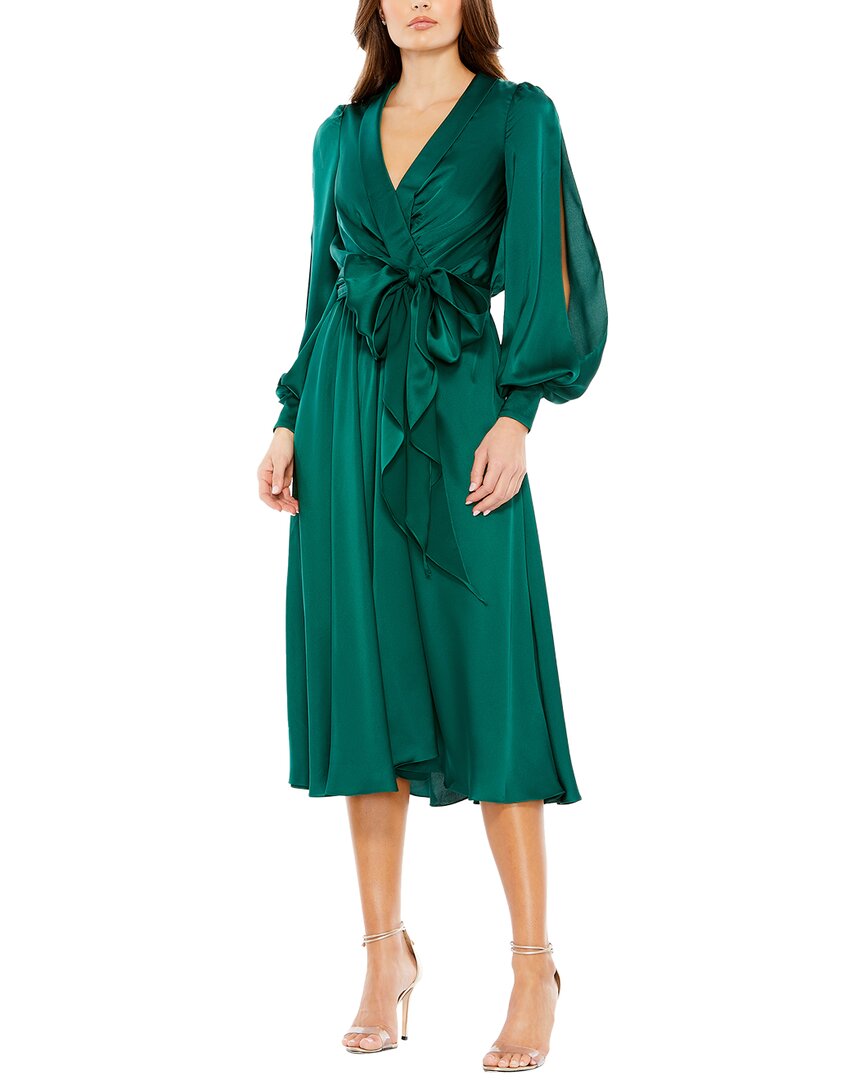 Mac Duggal Collared Wrap Bishop Sleeve Dress In Green