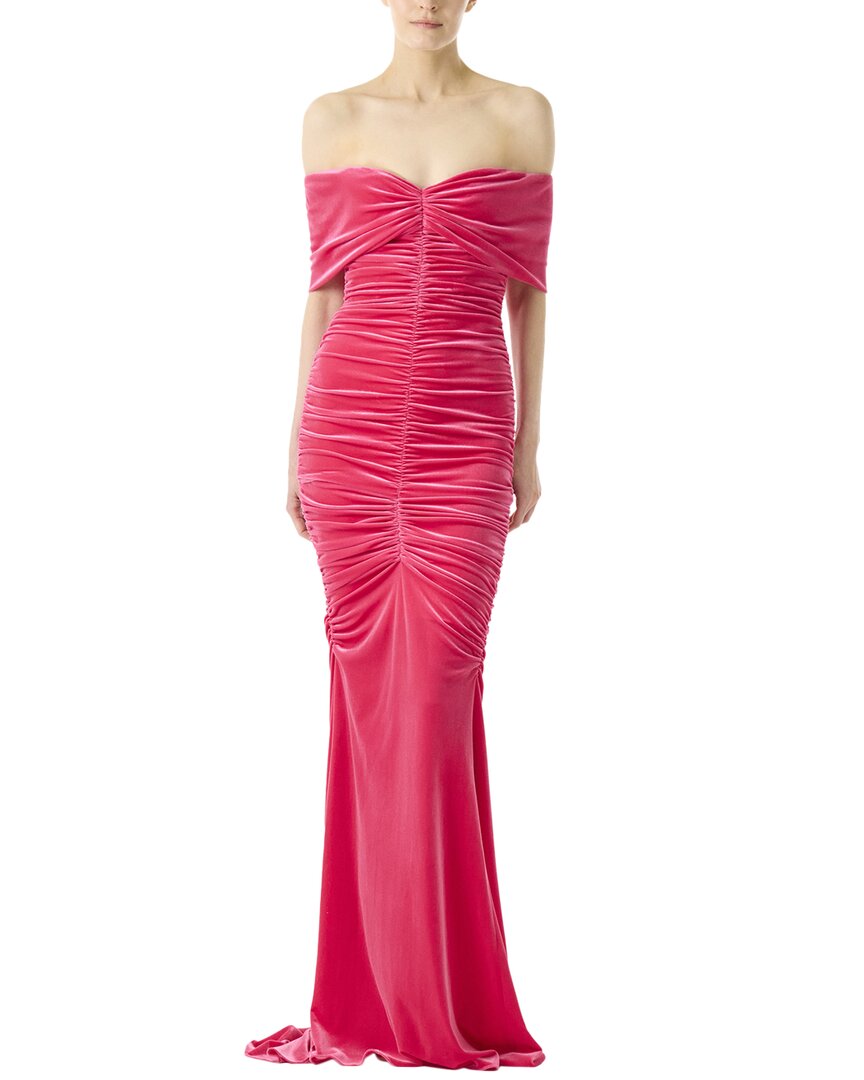 Monique Lhuillier Ruched Off-shoulder Velvet Gown