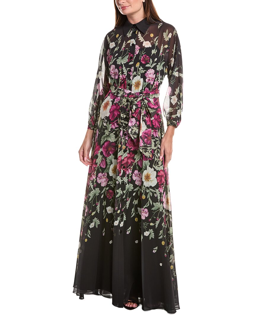 Teri Jon By Rickie Freeman Chiffon Floral Print Maxi Shirtdress In Black
