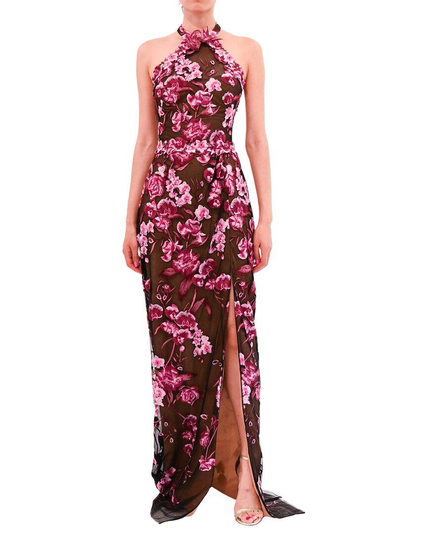 Marchesa Notte Halter Embroidered Tulle Gown