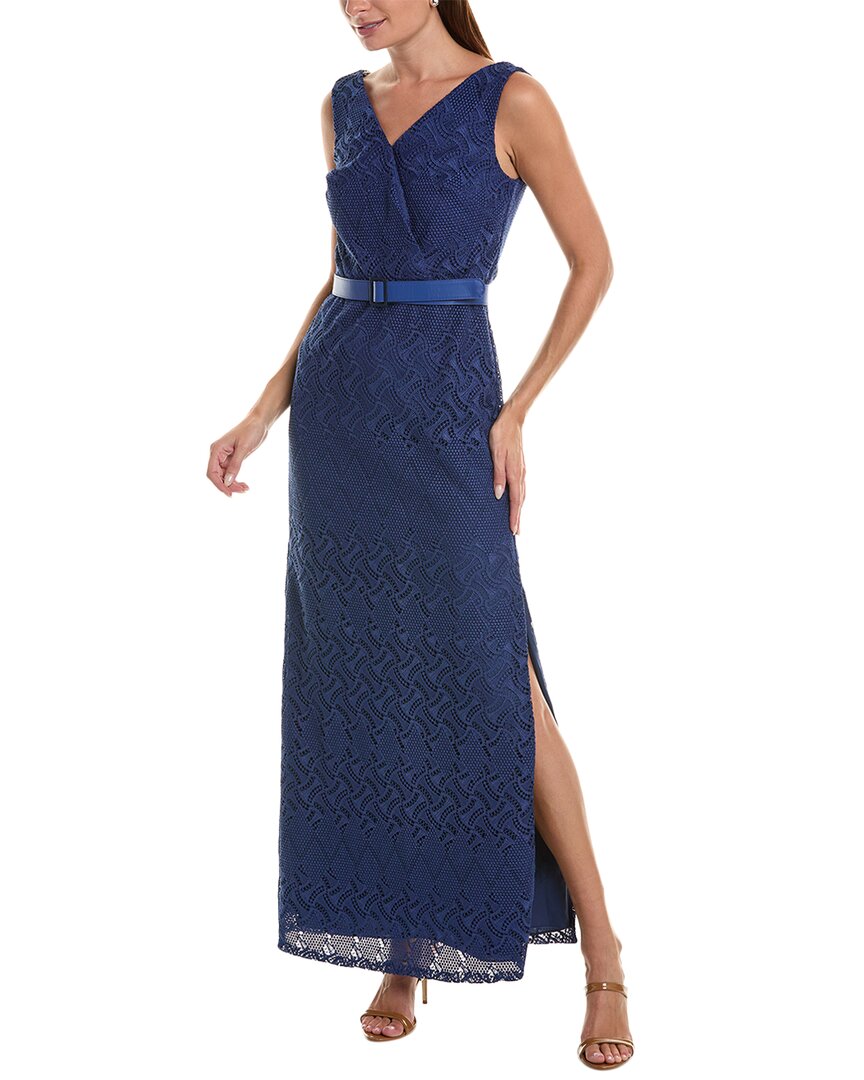 Kay Unger Hendrix Lace Column Gown In Blue